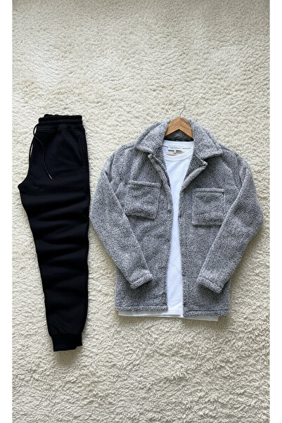 Fifty Color Gray Melange Buttoned Plush Jacket + Black Sweatpants Bottom Combination