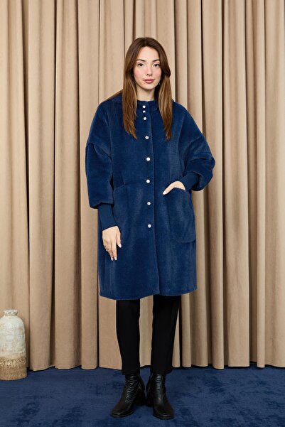 Puane Women's Hooded Angora Coat with Snap Detail - 15232Kbn - Navy