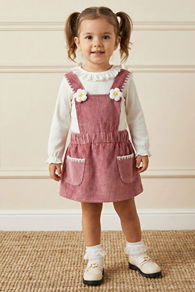 Minipodyum Baby Girl Holiday Salopet Dress with Daisy Detail and Snap Fasteners