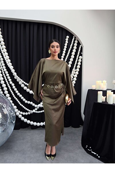 ESRAHELVACI Boat Neck Slit Satin Dress