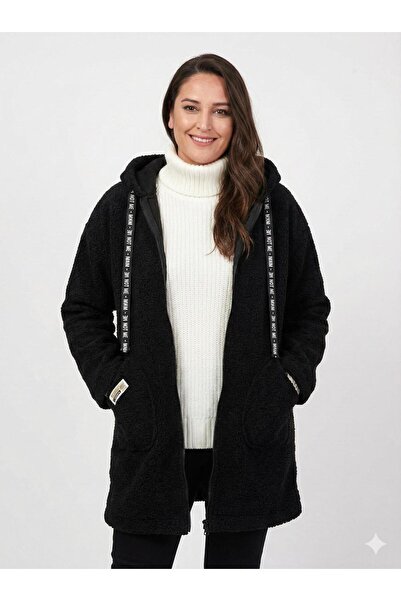 Zer Otantik Hooded Buklet Oversized over the Knee Coat Black