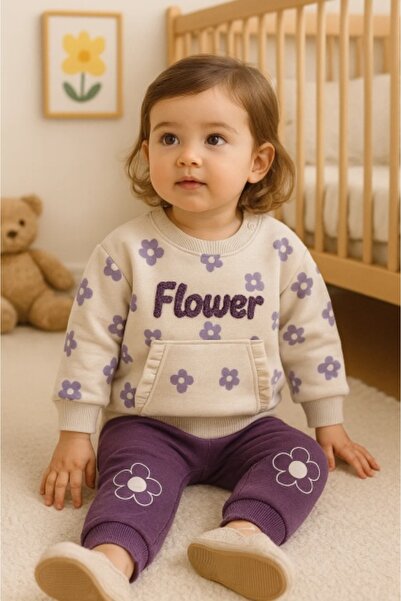 Superbaby Flower 2-piece blouse and pants set, cream purple
