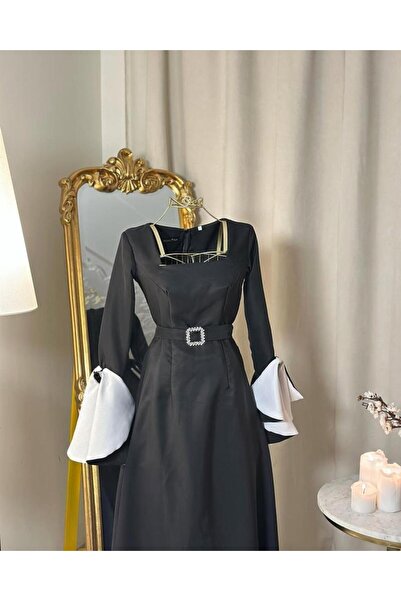 vanus fashion 5710 -فستان أسود ملكي بأكمام مبتكرة