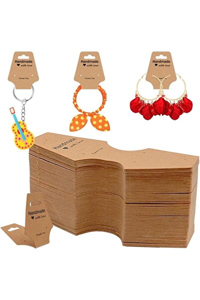 naturevo 100 Adet Kraft Takı Kartı — 12.4×5 cm Handmade With Love Küpe – Kolye – Bileklik Kartı
