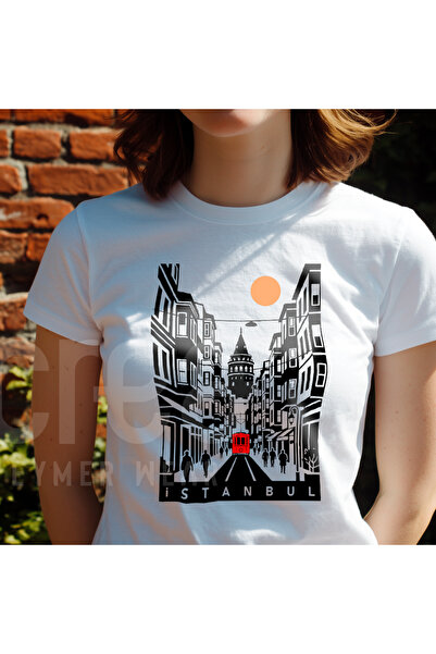 Crea Eymer Wear تي شيرت اسطنبول جالاتا تاور ديجيتال بي مطبوع وياقة سيملي بيكلرود تي شيرت أبيض