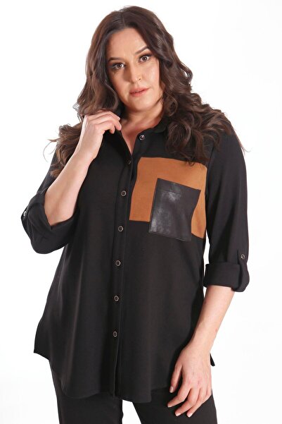 Metpoint Trend42Plus Plus Size Suede Paneled Knitted Black Shirt