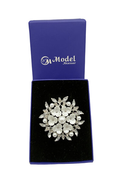 model aksesuar Çiçek Zirkon Taşlı İncili Broş