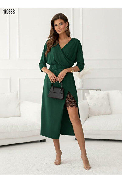 Viyamo Yeni Sezon Elegan Kadın Krep Kruvaze Yaka Uzun Kollu Dantelli Midi Elbise