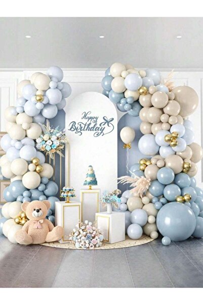 Generic 122-piece latex balloon set (blue, gold, white) with balloon tape and adhesive strip