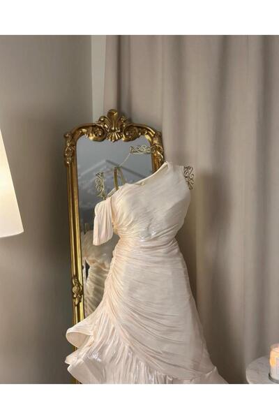 vanus fashion 5675 - فستان ميدي أنيق بكتف واحد (لونين)