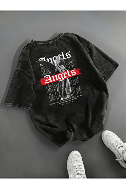 Freak Tshirt Black Color Angels Printed Unisex Oversized Cut Washed Vintage T-Shirt