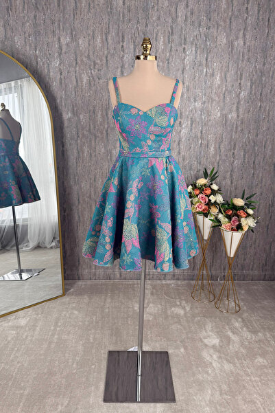 Lenta Moda MAVİ Desenli Brokar Kumaş Mini Abiye ve Gece Elbisesi