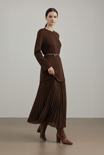 Puane Kadın Beli Kemerli Pilise Detaylı Elbise - 12654ELB - BROWN