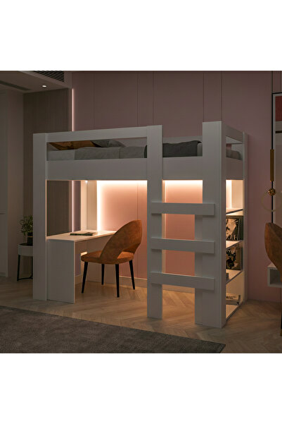 Ninnimo Yaşam 90X190 Yatak Uyumu Karyola Çalışma Masalı Kitaplıklı Led Işıklı Karyola
