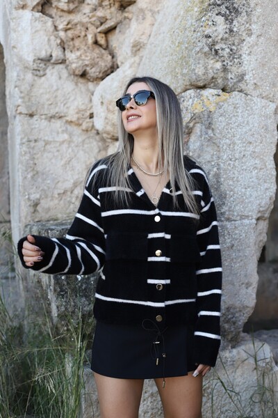 bytugcekaya Black-Cream Standard Size Feathered Hooded Pocket Cardigan