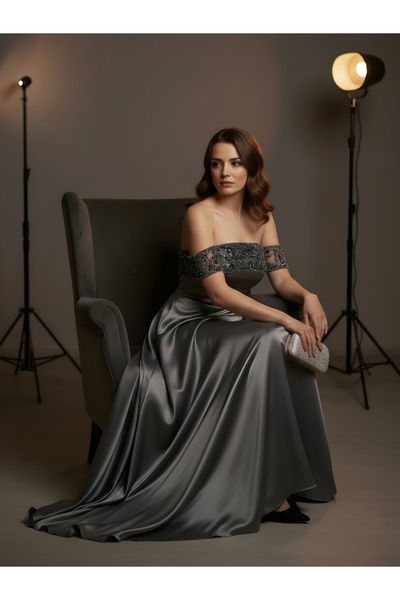 DADUCOLLECTİON Elegant Embroidered Maxi Long Satin Dress