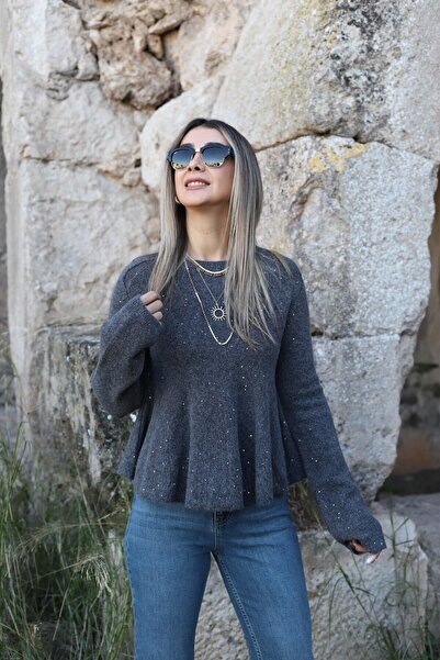 bytugcekaya Füme Standart Beden Uzun Kollu Simli Pullu Kazak