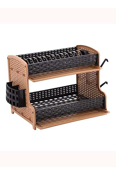 ROYALFORD رف أطباق من الروطان ذو طبقتين من جالاكسي - 50×28×28 سم، بني/أسود