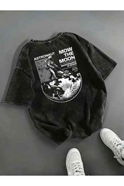 Freak Tshirt Black Color Mow the Moon Printed Unisex Oversized Cut Washed Vintage T-Shirt