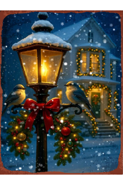 BiveSa Sokak Lambası Ve Kuş Temalı Ahşap Retro Poster