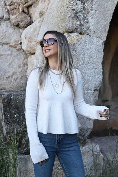 bytugcekaya Ecru Standard Size Long Sleeve Glitter Sequin Sweater