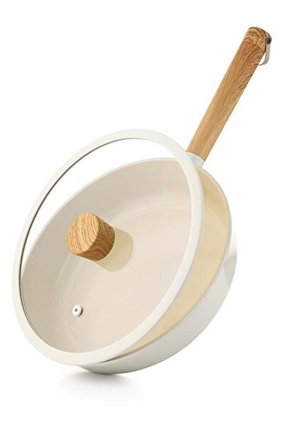 Sensarte مقلاة باسيكا سيراميك غير لاصقة 28 سم مع غطاء زجاجي - لون أبيض كريمي