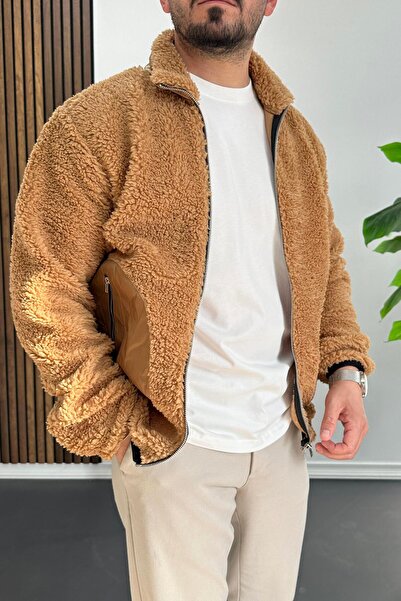 Edwox Men's Pocket Detailed Plush Cardigan Brown Edw432