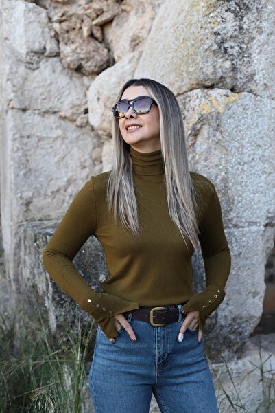 bytugcekaya Olive Turtleneck Standard Size Sleeve Drop Pullover Sweater
