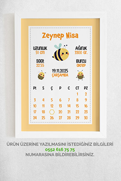 Mutluluk Atölyem لوحة ولادة الطفل بتصميم النحل مع إطار خشبي لتزيين غرفة الطفل...