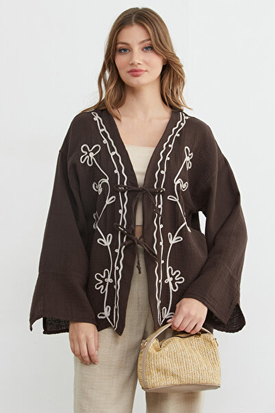 Fulla Moda Nakışlı Önü Bağcıklı Keten Görünümlü Kimono