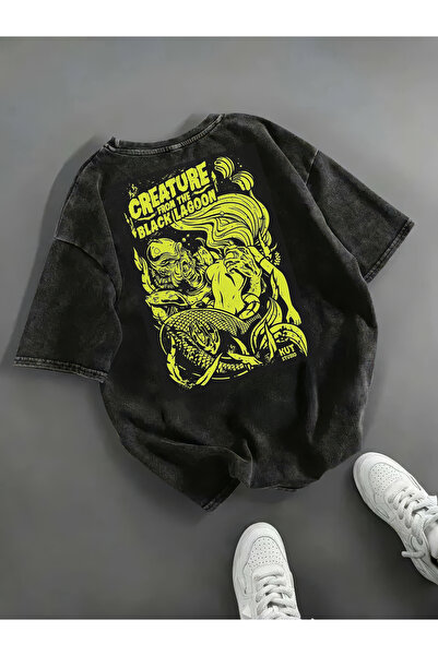 Freak Tshirt Black Color Creature Printed Unisex Oversized Cut Washed Vintage T-Shirt