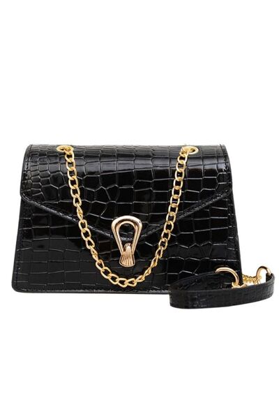 PrasadCo Black Croc-Embossed Shoulder Bag with Gold Chain Detail (MEDIUM) 21C...
