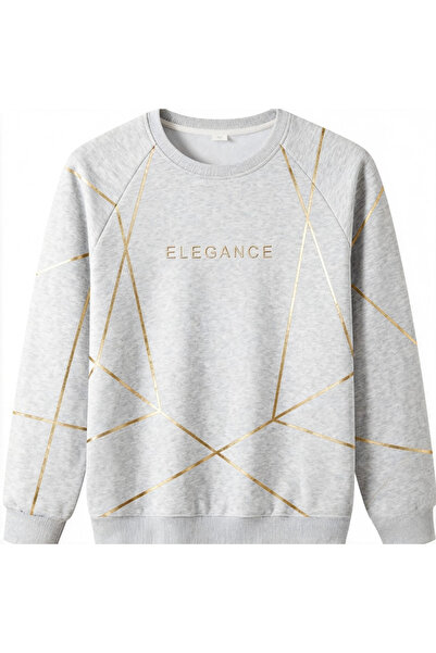 CozyhomeVIP Gray Minimalist Geometric Line Gold Foil Letter ELEGANCE Crewneck Sweatshirt