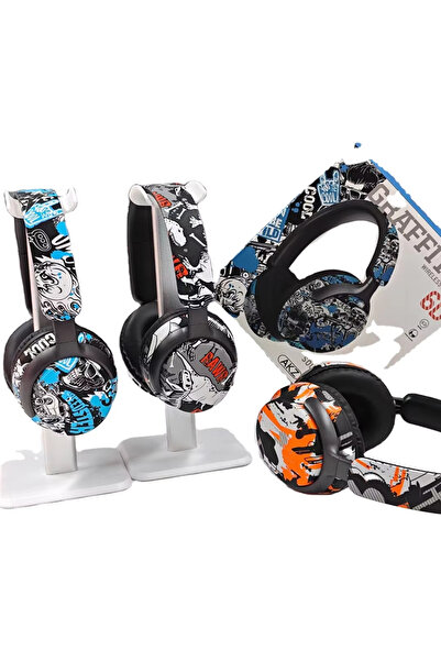 Zen Store سماعات رياضية سلكية بلوتوث خفيفة الوزن باللون الأسود - تصميم جرافيتي، تدعم بطاقة ذاكرة TF، قابلة للطي، للألعاب