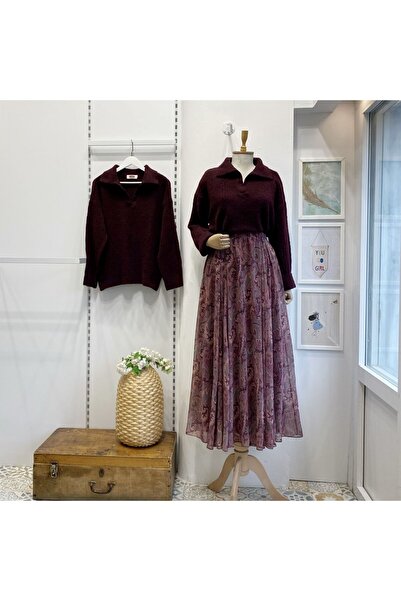 Faya Boutique Beli Lastikli Mürdüm Şal Desen Şifon Etek