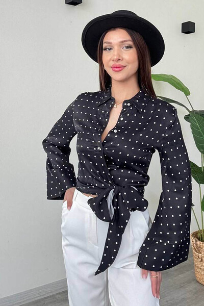 Swana Дамска сатенена риза с полка точки и връзки отпред