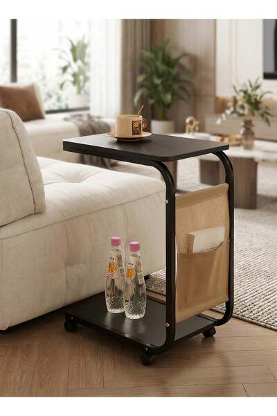 Taimi 1 Modern C-Shaped End Table with Wheels and Side Pocket, Sofa , Bed - Black