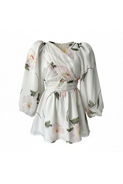 Eight Fashion Kadın Çiçek Desenli Balon Kol Asimetrik Yaka Şık Elbise