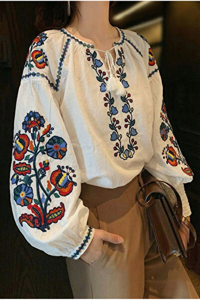 FEMELLE Women's White Collar Tassel Balloon Sleeve Embroidered Cotton Blouse