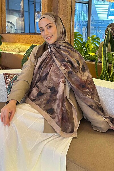 lamelif Gül Desen Bambu Şal Vizon Yeşil