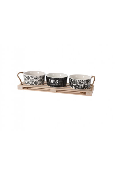 Excellent Houseware Set de servire tapas, lemn/porțelan, 28,5x10x1,5 cm, alb/...