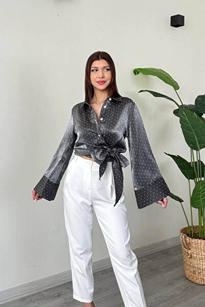 Swana Cămașă de damă din țesătură satinată cu buline și legături-