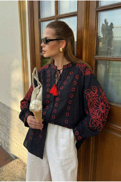 FEMELLE Women's Black Tassel Balloon Sleeve Embroidered Cotton Shirt