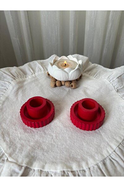 FLAME CANDLE HANDMADE CANDLES Dekoratif 2 Adet Çizgili Şamdanlık , Mumluk , E...