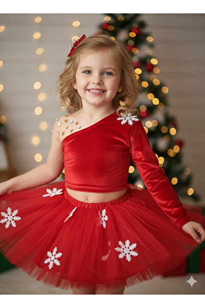 DODOMAR 4-5 سنوات - تنورة توتو حمراء مخملية بكتف واحد مع حجر كريستالي هدية لح...