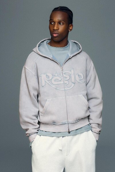 Bershka Fermuarlı nakışlı kapüşonlu sweatshirt