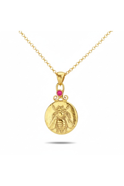 makeitbylove El Yapımı Antik Roma Arı Sikkeli Gümüş Kolye, Kırmızı Topaz Taşl...