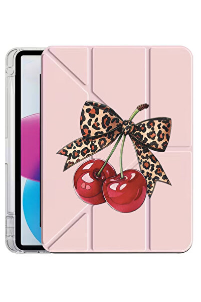 Cekuonline iPad 11.Nesil A16 2025 Kılıf Desenli Uyku Modlu Kalem Bölmeli Standlı Kiraz