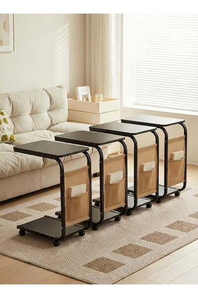 Taimi طقم من 4 طاولات جانبية عصرية على شكل حرف C مزودة بعجلات وجيب جانبي، مناسبة للأريكة، لون أسود