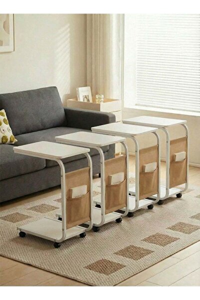 Taimi Set of 4 Modern C-Shaped End Table with Wheels and Side Pocket, Sofa , White